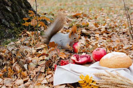 Squirrel eats aplle in autumn park, falling leaves on background.の写真素材