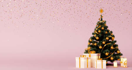 Christmas tree, white gift boxes, candles and gold stars on pink background.の写真素材