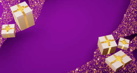 Gift boxes with stars on violet background.の写真素材