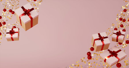 3d render of white pink gift boxes with red ribbons, confetti, red balls and fir branches on pink background.の写真素材