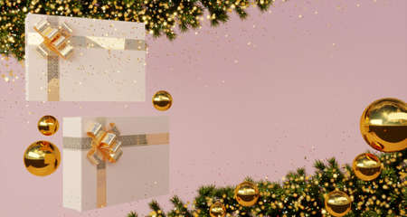 3d render of two white christmas gifts with gold ribbons on pink background with golden balls and fir branches.の写真素材