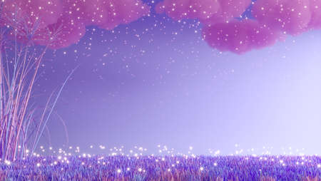 3d render of violet background with pink clouds, pink grass and white shining stars.の写真素材