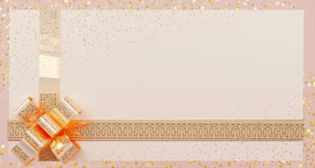 Holiday pink background with gift and gold ribbon.の写真素材