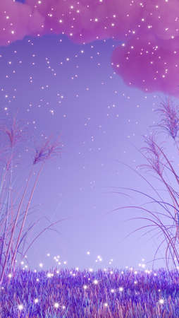 3d render of violet background with pink clouds, pink grass and white shining stars.の写真素材