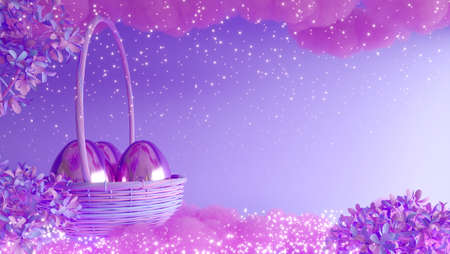 3d render of violet easter poster with basket and eggs.の写真素材