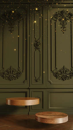 3d render of two wooden podiums on dark green background.の写真素材