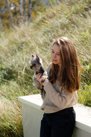 Young woman in beige sweater and black jeans with yorkshire terrier. Green grass on the background.