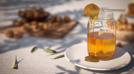 Jar of honey with honey spoon on the table.の写真素材