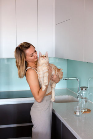 Young woman with ginger and white maine coon cat in the kitchen.の写真素材