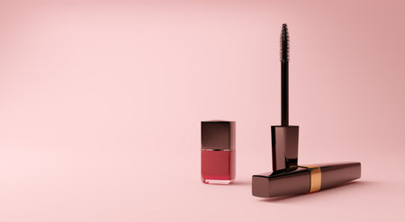 Open mascara with red lip balm or nail polish on pink background.の写真素材