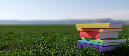 Colorful books stacked on the green grass.の写真素材