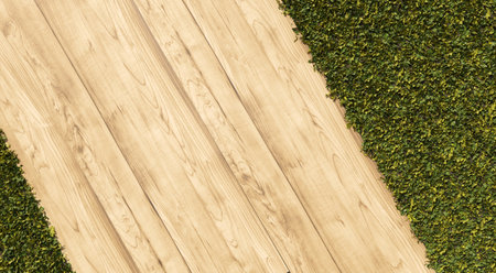 3d render of decorative wall with grass and wood.の写真素材