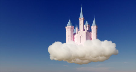 3d illustration of flying Castle on the cloud with blue sky on background.の写真素材