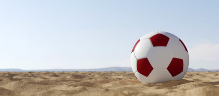 Socceer ball in white and maroon colours on the sand with blue sky. 3d render.