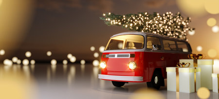 Red car with a christmas tree on the roof, boxes with gifts and lights on brown background.の写真素材