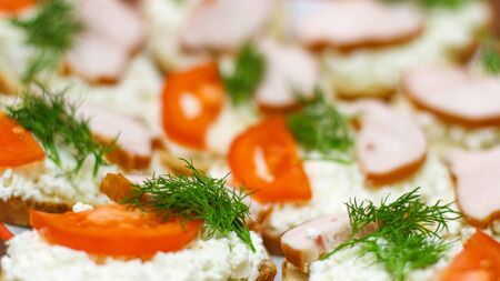 Canapes With Cottage Cheese, Tomatoes, Ham And Herbs. Photo With A Slight Blur Of Focus.の写真素材