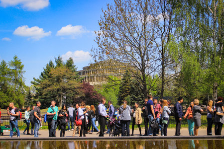 Wroclaw, Poland - May 03, 2015: A queue people at the city zoo, in backdrop  Centennial Hall,...