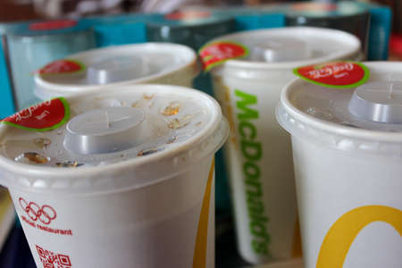 Przemysl, Poland - July 18, 2017: A few cups with Coca-Cola in McDonald's.のeditorial素材