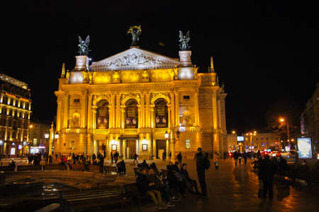 Lviv, Ukraine - December 12, 2017: The Lviv Opera House Is Illuminated By Additional Illumination In The Eveningのeditorial素材