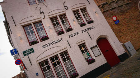 Bruges, Belgium - May 12, 2018: View To Exterior Very Old Restaurant Pieter Pourbusのeditorial素材