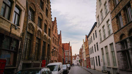 Bruges, Belgium - May 12, 2018: View to Empty street Steenstraat Quarterのeditorial素材