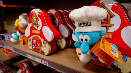 Sint-Pieters-Leeuw, Belgium - May 14, 2018: Store Shelves with Boxes of Belgian Chocolates in the Neuhaus Outlet on the Territory of the Chocolate Factory.のeditorial素材