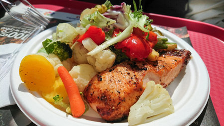Healthy Fast Food. Juicy Piece Of Grilled Tuna. Boiled Carrots, Cauliflower, Rice, Lettuce And Other...