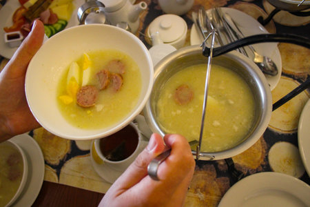 Delicious and hearty breakfast with a traditional Slavic fermented cereal soup