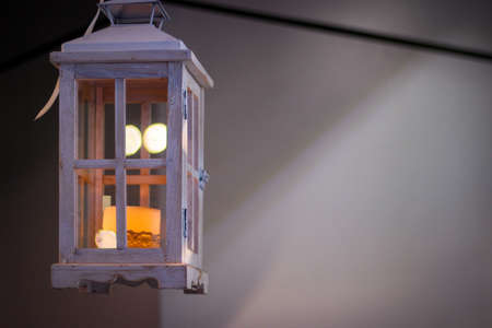 Halloween's holiday attributes in evening. Lantern and pumpkinsの写真素材