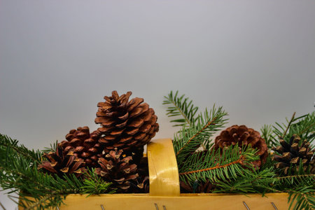 Branches and cones of spruce in wicker basket in background gray wall
