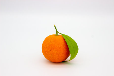 One tangerine with green leaf on white background. isolated imageの写真素材