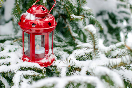 Red lantern with stars on branches of spruce covered with snowの写真素材