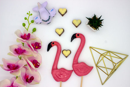 Background Valentine's Saint from hearts of balls and flamingos