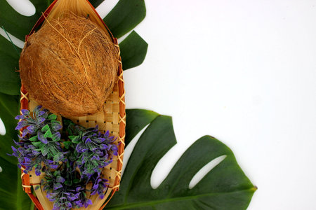 Coconut and cosmetic details on palm leaves standing on white backgroundの写真素材