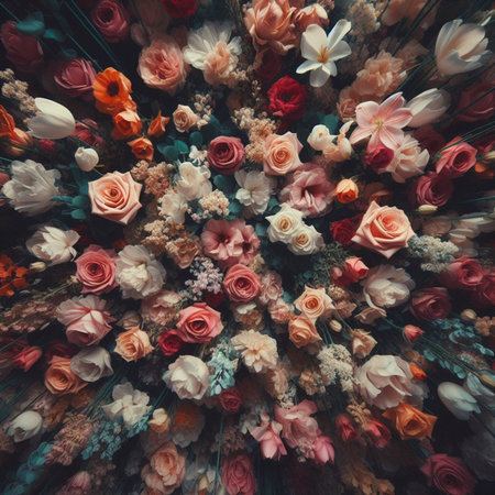 Colorful artificial flowers background. Top view. Flat lay style.の素材