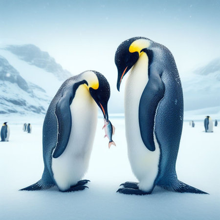 Penguins on the snow in Antarctica. 3D illustration.の素材