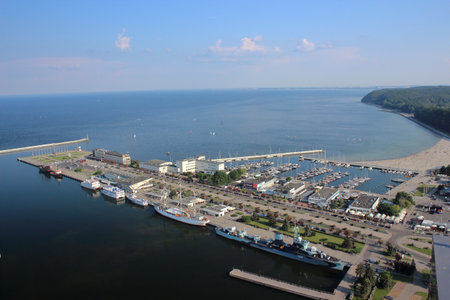 Aerial view of Gdynia harbor with ships marina and sandy beach on the Baltic Sea coast on a clear sunny summer day.の写真素材