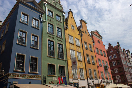 Gdansk, Poland. June 07, 2019. Colorful historic townhouses with decorative facades and gabled roofs...