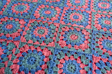 Granny squares crochet afghan in red, blue and green colors. Crochet motif texture with red color...