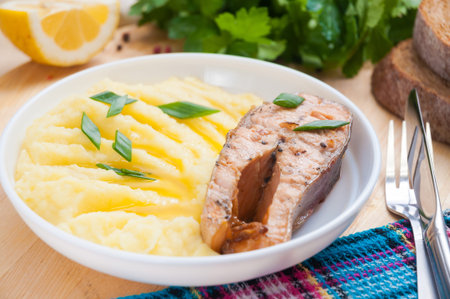 fish steak with mashed potatoes