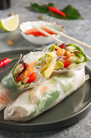 tasty spring rolls with vegetables. Vegetarian cuisine. Close up