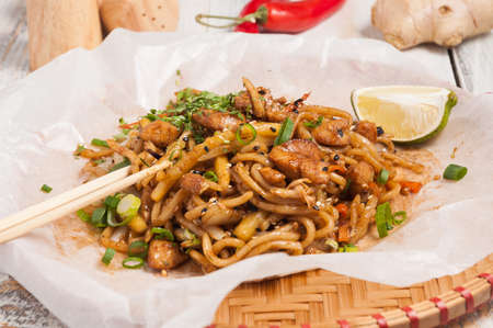 tasty noodles with chicken and vegetables. Asian cuisineの写真素材