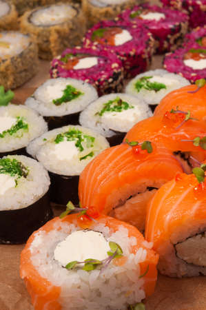 set of rolls with salmon cream cheese and shrimpの写真素材