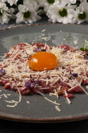 Beef tartare with Parmesan. Vertical frameの写真素材