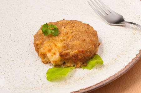 tasty chicken cutlet with cheese on a light plate. close upの写真素材