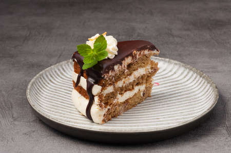 sweet piece of cake with cream and chocolate on a gray backgroundの写真素材