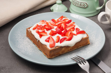 sweet Viennese waffle with strawberries and sour cream sauce