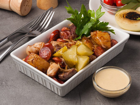 tasty hot appetizer potatoes sausages chicken and pork with onion and sauce
