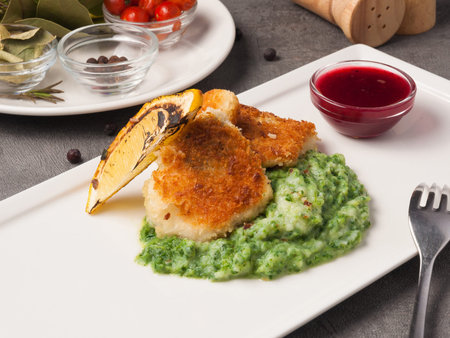 tasty breaded fish fillet with spinach puree garnish