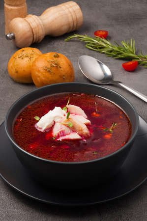 tasty borscht with garlic buns. traditional russian and ukrainian soupの写真素材
